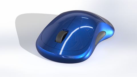 3D render of a blue ergonomic computer mouse, top view