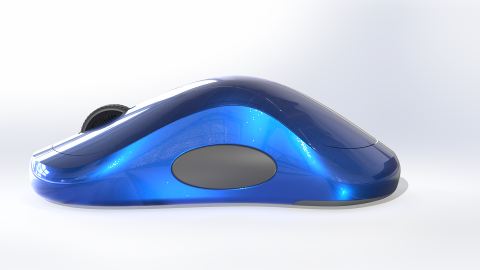 3D render of a blue ergonomic computer mouse, side view