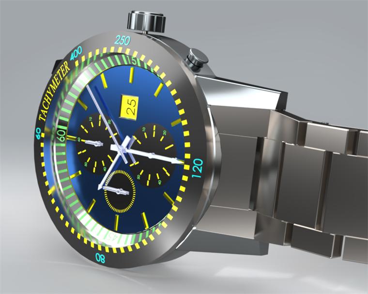 Chronograph watch with a blue dial, rendered in 3D by SOLID3D