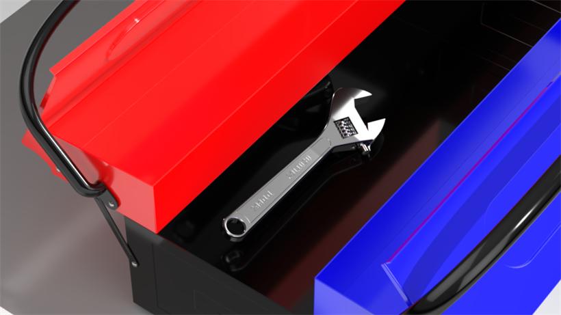 3D render of a red toolbox with an adjustable wrench, modelled by SOLID3D
