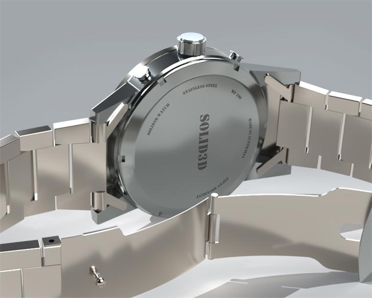 Close render of an engraved stainless steel watch caseback