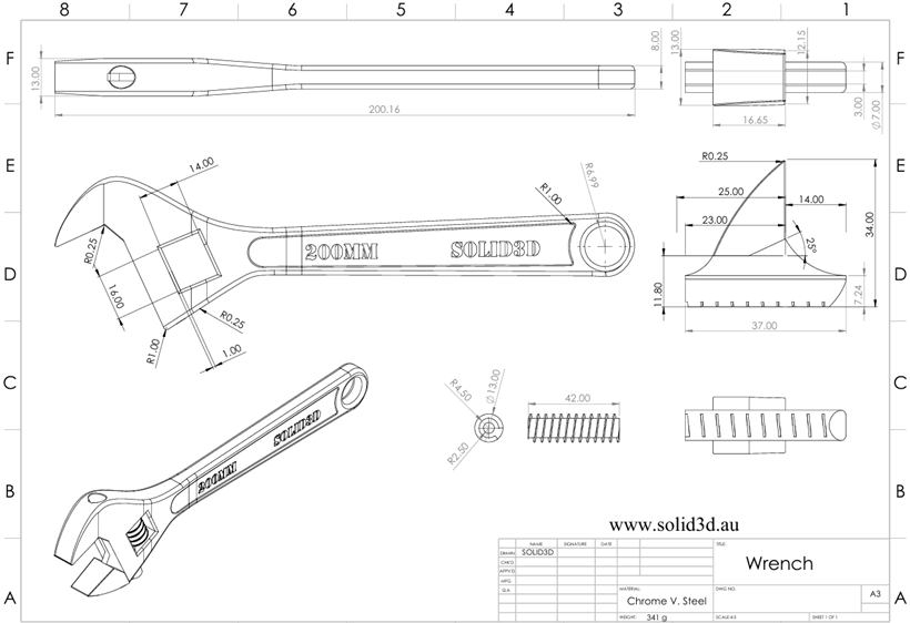 Dimensioned 2D technical drawing of an adjustable wrench produced in SolidWorks